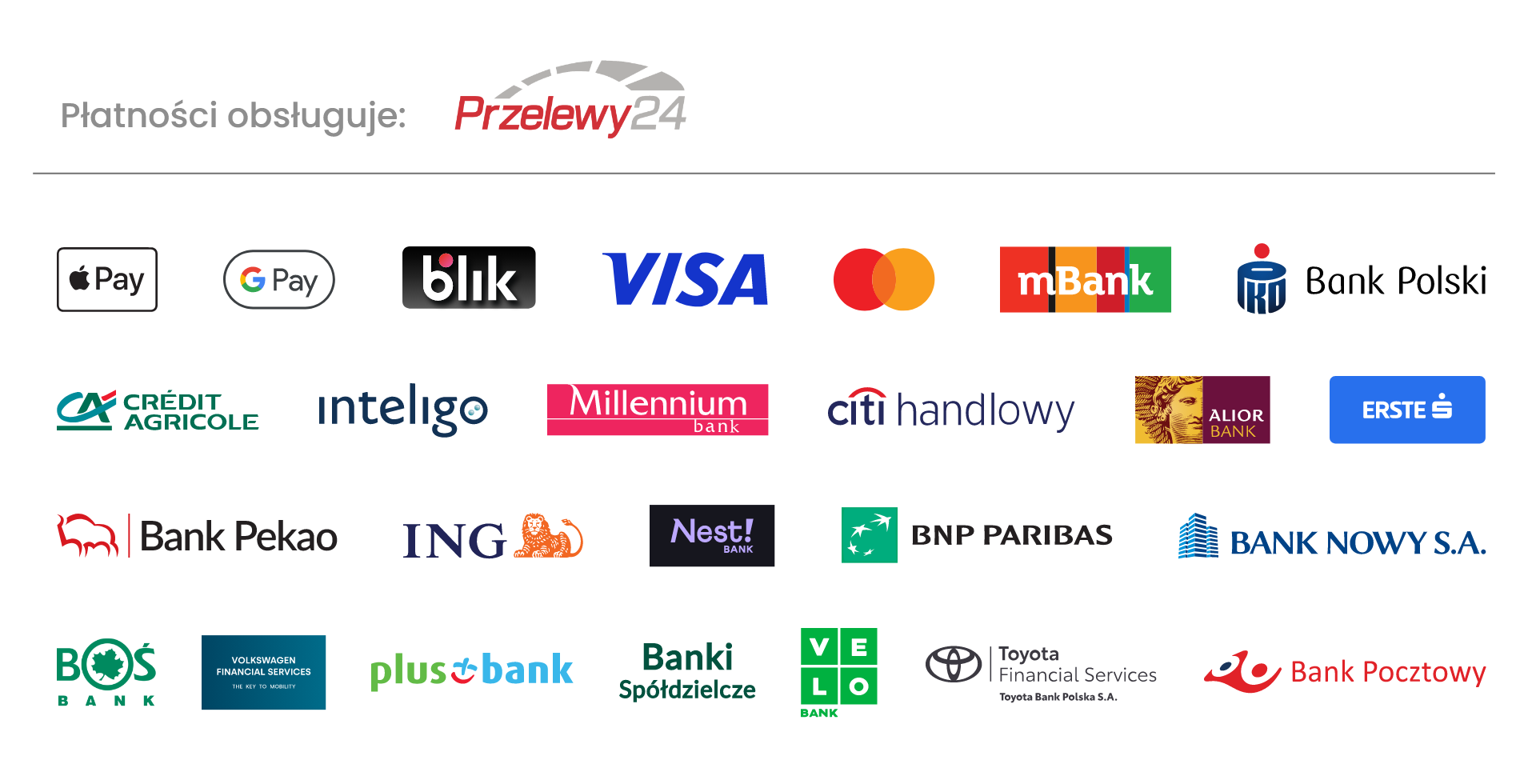 Metody płatności Przelewy24: BLIK, karty, Apple Pay, Google Pay i przelewy bankowe